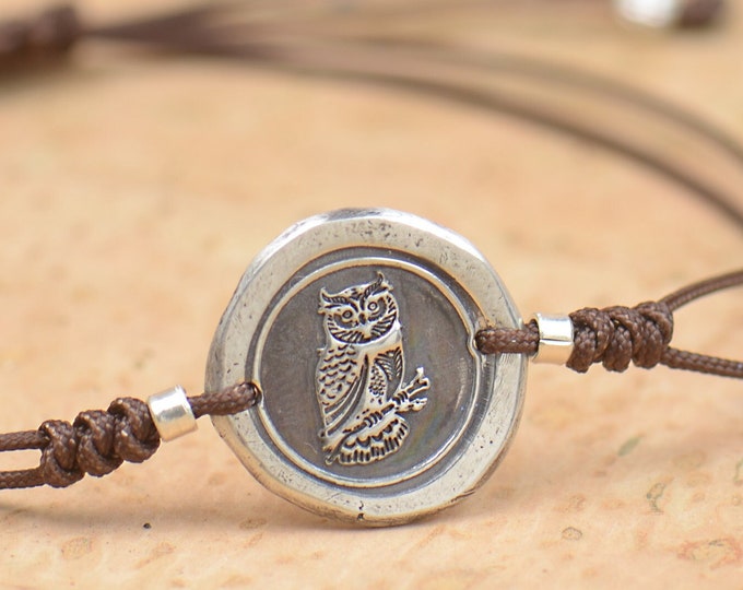 Sterling silver owl bracelet. Wax seal jewelry.Mens bracelet.Owl Mystery adjustable