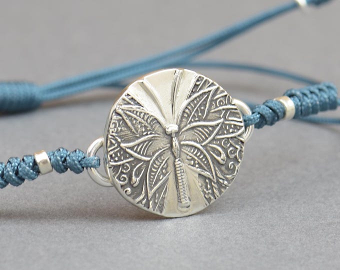 Sterling silver butterfly charm bracelet.Braided cord.Animals.Waterproof bracelet.Nature