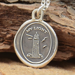 Sterling silver lighthouse pendant.Lighthouse with message -My Light- Wax Seal, Sterling Silver.My guide my support.Lighthouse necklace