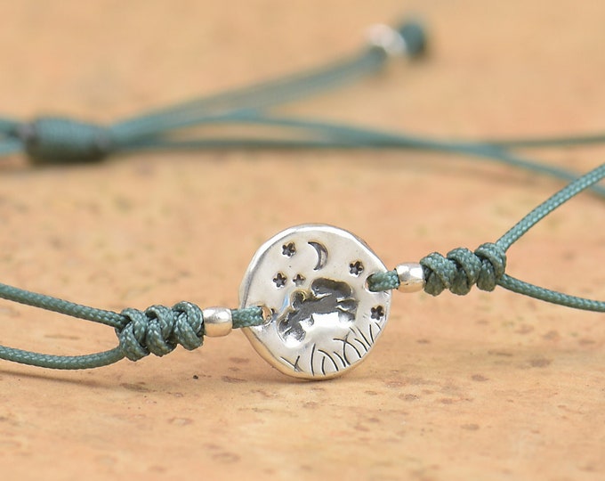 Rabbit bracelet.Artisan Sterling silver stars,mountain bracelet. Moon phases bracelet ,nature, Handmade Hare bracelet.Pebble jewelry