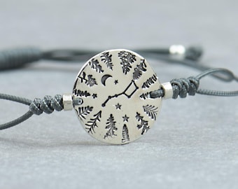 Sterling silver Ursa Major constellation camping tree of life forest Hand stamped adjustable cord bracelet.Great Bear constellation .Zodiac