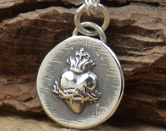 Sacred heart Sterling silver necklace Religious pendant.Artisan Bead.Handmade bead.Mens pendant Sacred heart.Jesus heart