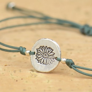 Sterling silver daisy bracelet.Mens gift.Flower bracelet.Braided cord.Waterproof bracelet.27 colors.Nature bracelet
