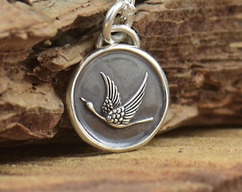 Sterling silver Crane pendant,Japanese pendant, Sterling Silver. Birds necklace. Bird lovers pendant.Crane necklace