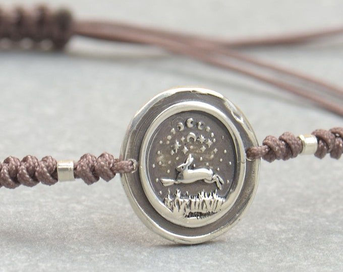 Rabbit bracelet.Artisan Sterling silver stars,mountain bracelet. Moon phases bracelet ,nature, Handmade Hare bracelet