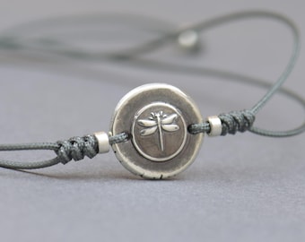 Sterling silver tiny dragonfly charm bracelet.Braided cord.Animals.Waterproof bracelet.Nature.