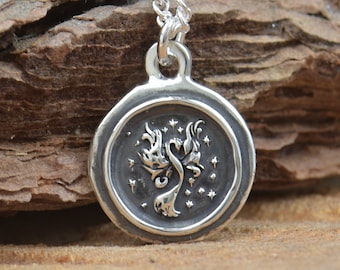 Sterling silver phoenix pendant.Handmade piece.Phoenix,Magic necklace overcoming personal development, personal growth, recovering.Wax seal