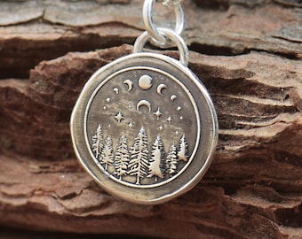 Sterling silver moon phases pendant.Handmade piece.Half moon.Starry night.Moon pendant ,Magic necklace.Wax Seal pendant.Trees forest pendant