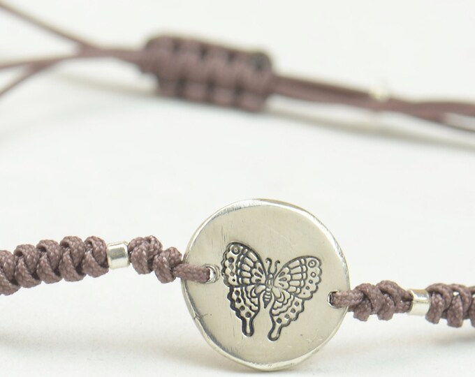 Sterling silver butterfly charm bracelet.Braided cord.Animals.Waterproof bracelet.Nature