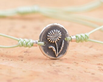 Sterling silver daisy bracelet.Mens gift.Flower bracelet.Braided cord.Waterproof bracelet.27 colors.Nature bracelet