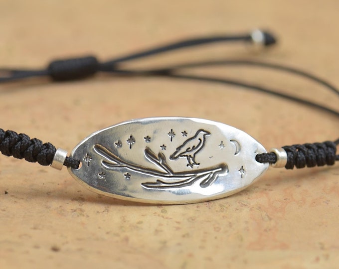 Raven bracelet.Artisan Sterling silver bracelet,nature,Spiritual Raven Avian bracelet moon,stars universe.Crow Bracelet.Mystery bracelet
