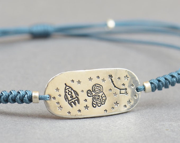Sterling silver rocket charm bracelet.Mens or womens bracelet.Earth nature continents planets galaxy universe astronomy.Astronaut