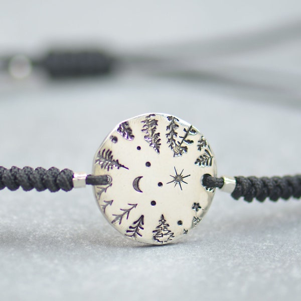 Bracelet en argent sterling avec cordon réglable de la Grande Ourse, camping, forêt, estampé à la main. Constellation de la Grande Ourse. Zodiaque