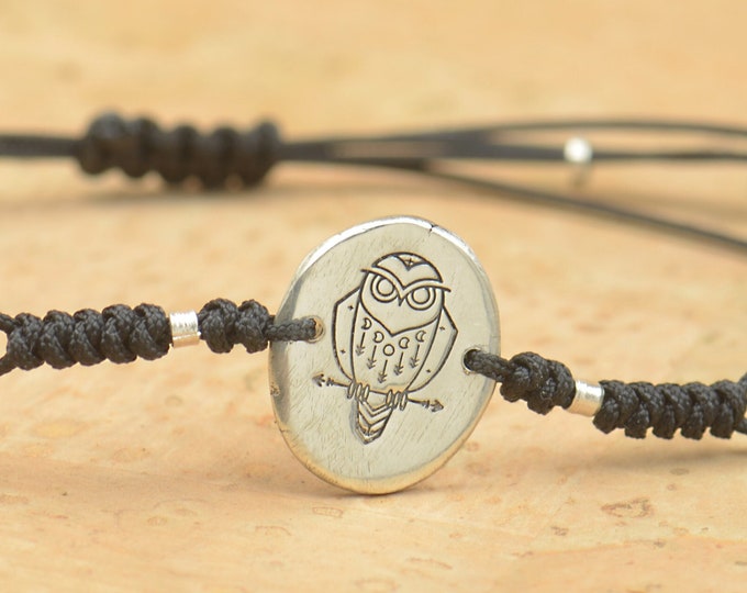 Sterling silver Celestial owl bracelet. Wax seal jewelry.Mens bracelet.Owl Mystery adjustable.Moon Phases