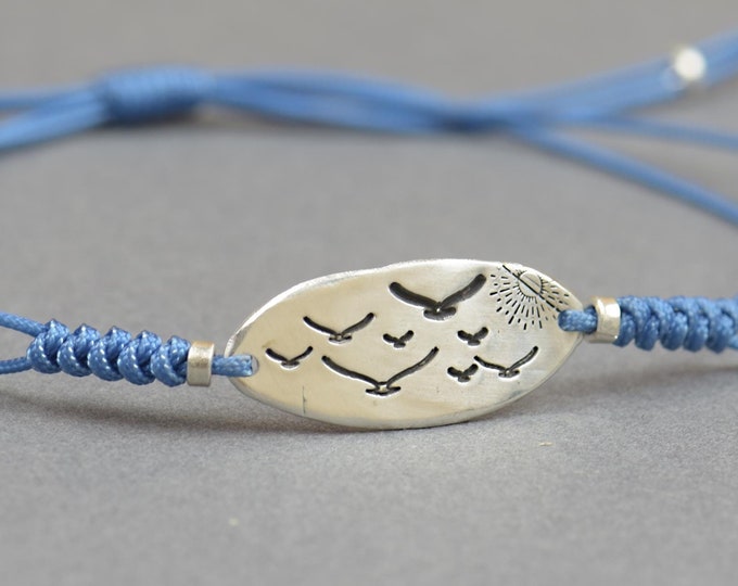 Sterling silver birds bracelet.Mens gift.Birds flying bracelet.Braided cord.Waterproof bracelet.27 colors.Nature bracelet.Freedom bracelet