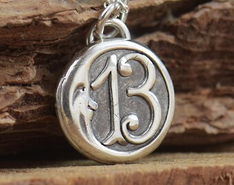 Lucky 13 Pendant Sterling Silver Celestial.Crescent Moon Face Pendant.Lucky Number 13.Necklace Victorian Moon Universe Celestial