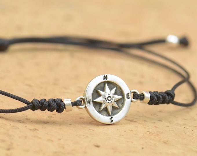 Sterling Silver compass charm bracelet. Mens bracelet.Wind Rose