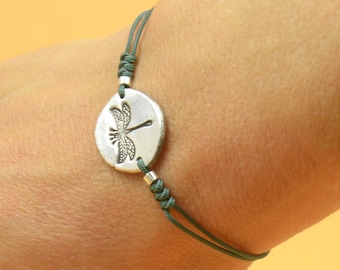 Sterling silver dragonfly charm bracelet.Braided cord.Animals.Waterproof bracelet.Nature