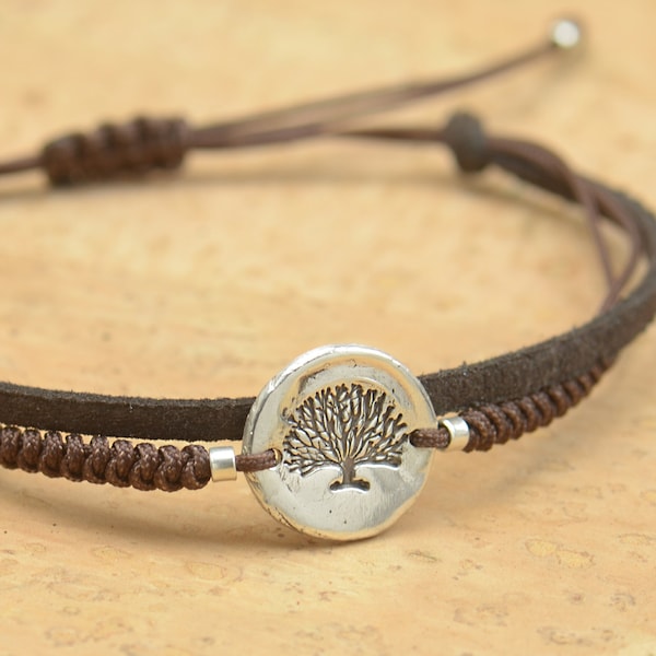 Sterling silver tree of life rustic bracelet.Mens gift.Oak tree of life bracelet.Braided cord.Waterproof bracelet.Nature bracelet