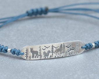 Sterling silver bracelet life in forest charm deer,squirrel,wolf bracelet.Braided cord.Waterproof bracelet.Nature,trees bracelet.Hare,rabbit