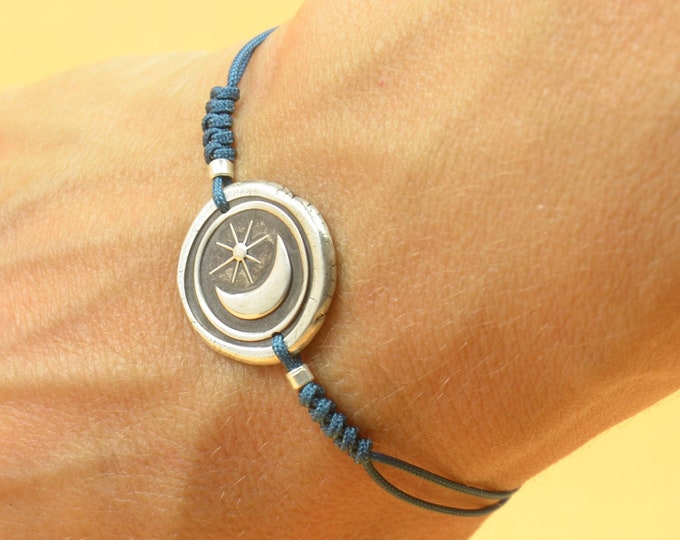 Sterling silver Moon stars nature universe charm bracelet.Unisex bracelet.Snake knot braided cord.Planets.Waterproof bracelet.Nature sky