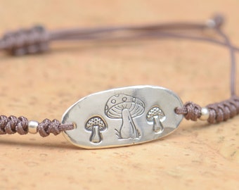 Sterling silver funghi mushroom bracelet.Mystic Magic Gnome bracelet.Snake knot braided cord.Waterproof bracelet.Nature.Mushroom family