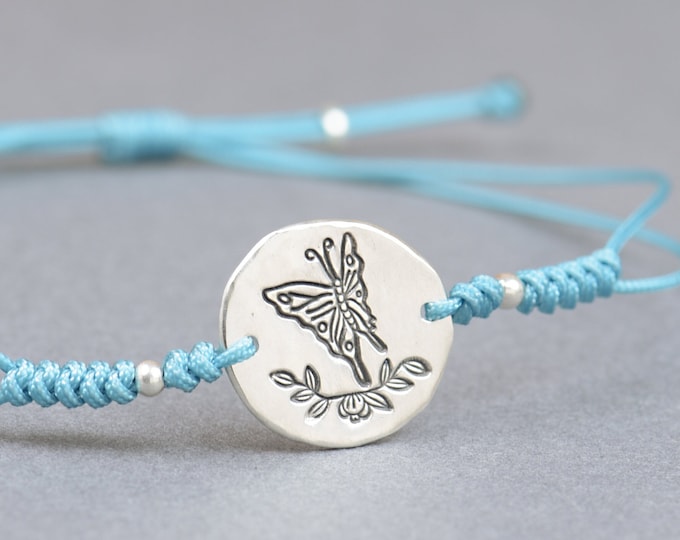 Sterling silver butterfly charm bracelet.Braided cord.Animals.Waterproof bracelet.Nature