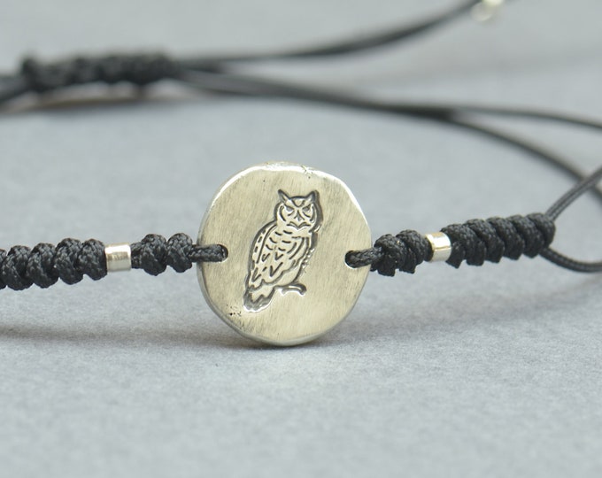 Sterling silver owl bracelet. Wax seal jewelry.Mens bracelet.Owl Mystery adjustable