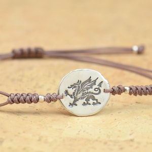 May include: A brown adjustable cord bracelet with a silver charm featuring a dragon design.