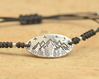 Sterling silver mountain charm bracelet.Mens gift.unisex climbing bracelet.Braided cord.Waterproof bracelet.27 colors