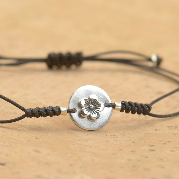 Sterling silver Cherry Blossom bracelet.Mens gift.Flower bracelet.Braided cord.Waterproof bracelet.27 colors.Nature bracelet