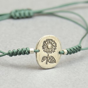 Sterling silver Sunflower bracelet.Mens gift.Flower bracelet.Braided cord.Waterproof bracelet.27 colors.Nature bracelet