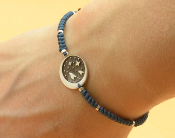 Sterling silver mountain trees night stars moon charm bracelet.Unisex bracelet.Braided cord.Moon.Waterproof bracelet.Nature