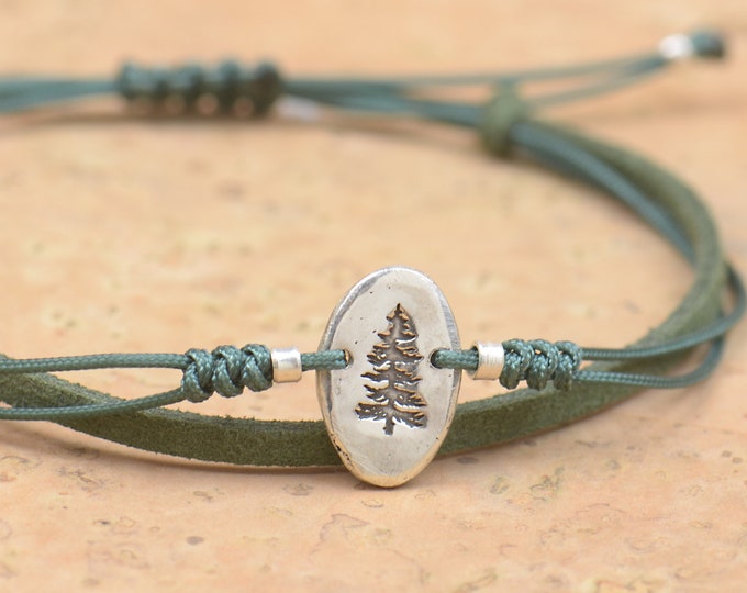 Sterling silver tiny pine tree bracelet.Mens gift.Pine tree of life bracelet.Braided cord.Waterproof bracelet.27 colors.Nature bracelet