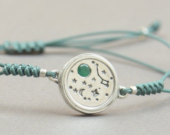 Sterling silver Ursa Minor constellation and genuine emerald gemstone galaxy universe stamped adjustable cord bracelet Little Bear