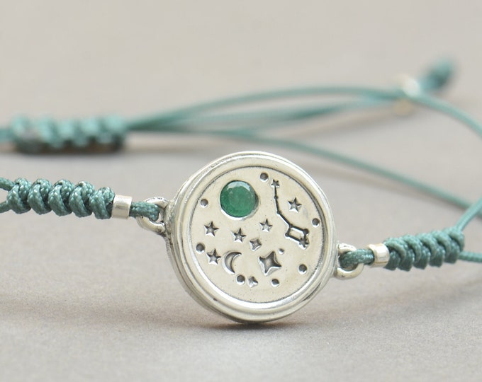 Sterling silver Ursa Minor constellation and genuine emerald gemstone galaxy universe stamped adjustable cord bracelet Little Bear