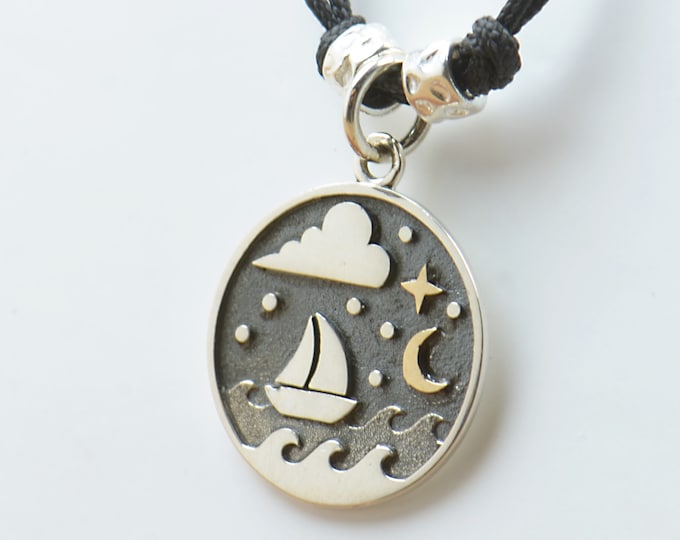 Necklace Sterling silver waves sea ocean ship charm pendant night stars moon windsurf Men or women Surf