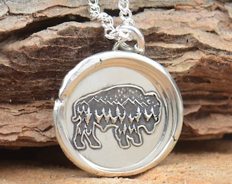 Sterling silver Bison pendant.Handmade piece.Bison Mountain Sterling silver necklace,Camping.Men or women.Night moon trees stars Buffalo