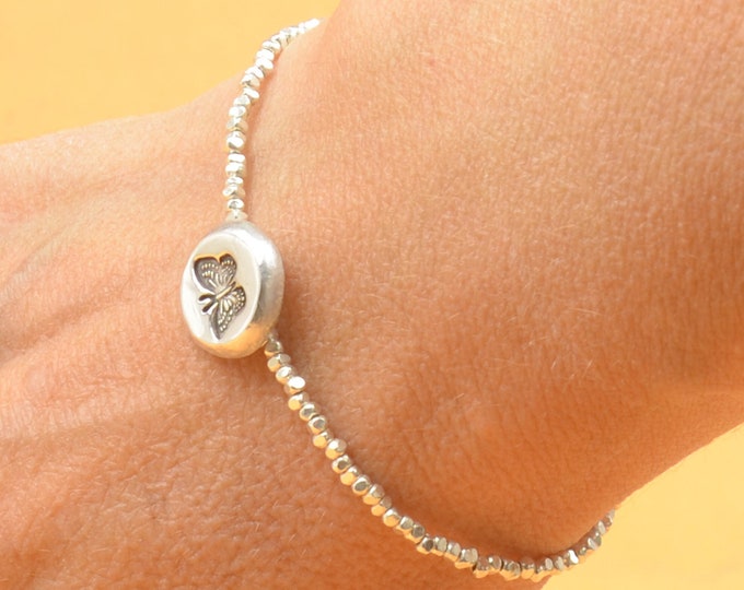 Sterling silver butterfly and nuggets beads bracelet