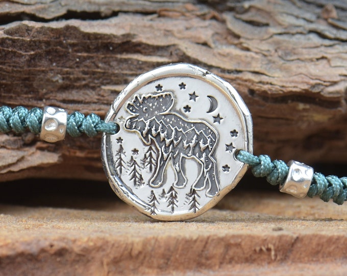 Sterling silver bracelet ,night mountain forest charm moose.Unisex climbing bracelet.Snake knot braided cord.Waterproof bracelet.Nature