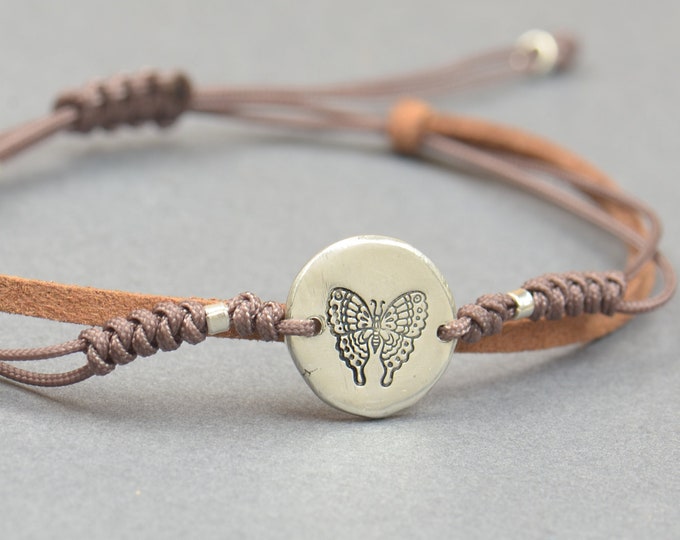 Sterling silver butterfly charm bracelet.Braided cord.Animals.Waterproof bracelet.Nature