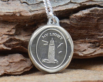 Sterling silver lighthouse pendant.Lighthouse with message -My Light- Wax Seal, Sterling Silver.My guide my support.Lighthouse necklace