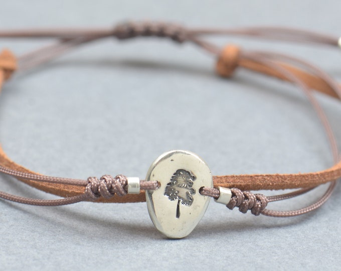 Sterling silver tiny leafy tree bracelet.Mens gift.Tree of life bracelet.Braided cord.Waterproof bracelet.27 colors.Nature bracelet
