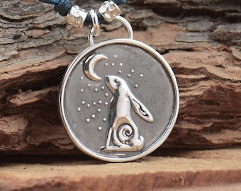 Sterling silver rabbit pendant.Handmade piece.Year of the rabbit.Starry night mountain.Hare pendant ,hare necklace,rabbit necklace
