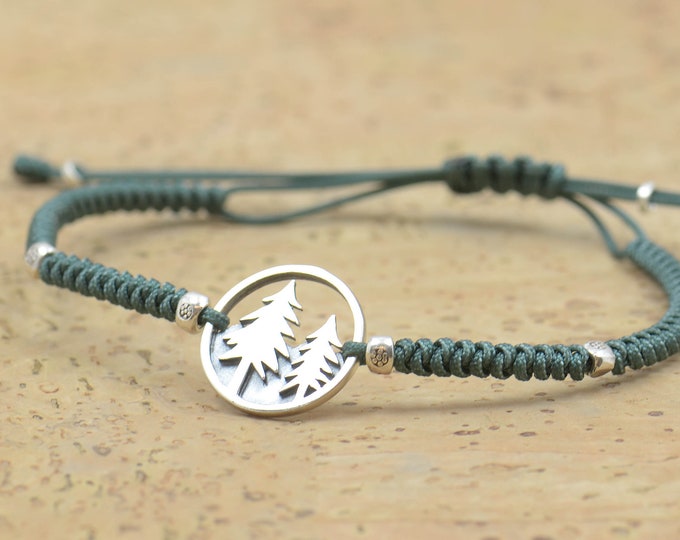 Sterling silver pine tree mountain charm bracelet.Climbing earth planet ,Snake knot braided cord.Camping.Waterproof bracelet.Nature