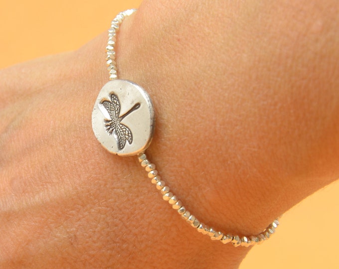 Sterling silver dragonfly and nuggets beads bracelet