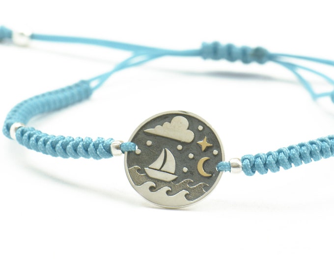 Sterling silver sailing boat charm bracelet-Sterling silver.Men women bracelet.Night moon