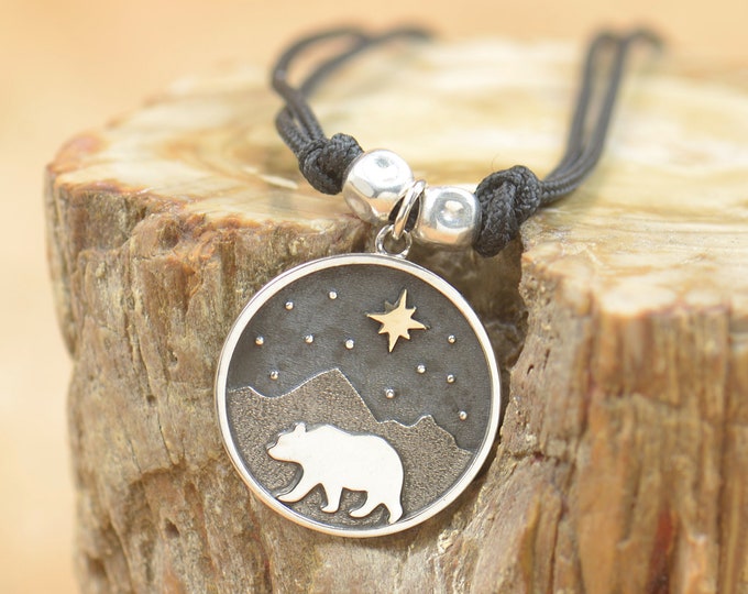 Sterling silver bear tree star moon pendant. Artisan tree of life necklace..Gemstone.Metalsmithing.One of a kind.Bear Necklace