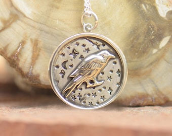 Sterling silver Raven skull necklace pendant-Sterling silver.Mens or women.Magic mystery witch pendant.Spiritual raven necklace.Crow pendant