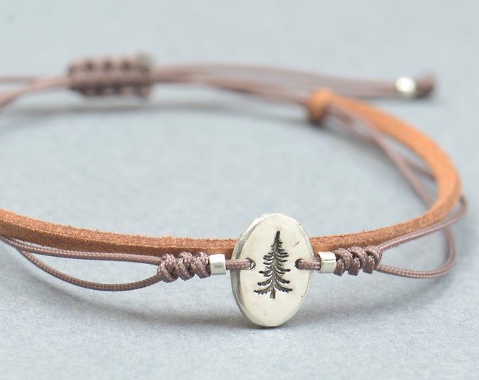 Sterling silver tiny pine tree bracelet.Mens gift.Pine tree of life bracelet.Braided cord.Waterproof bracelet.27 colors.Nature bracelet